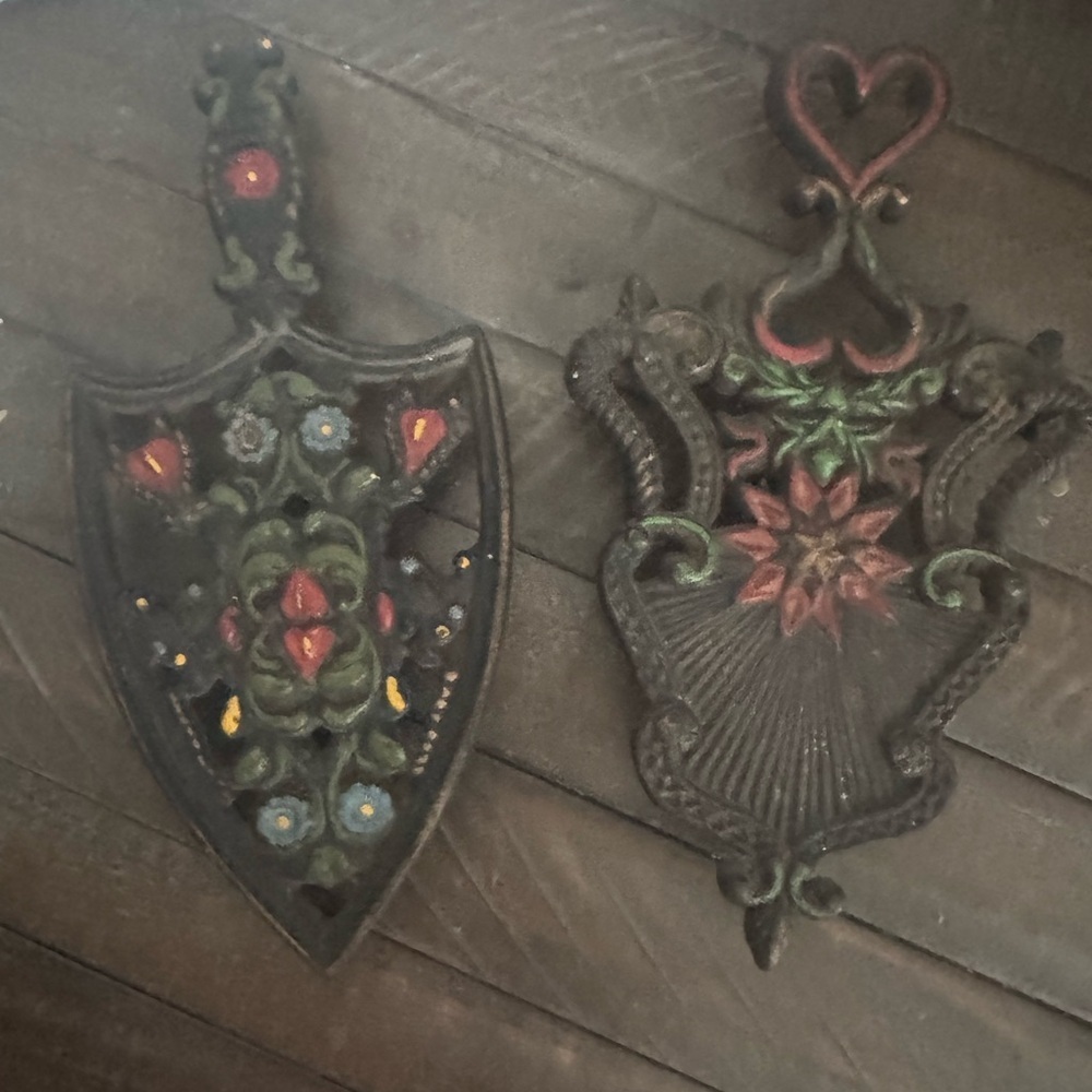 Vintage Hand Painted Cast Iron Trivet Set